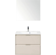 Badkamermeubelset bestaande uit beige wastafelonderkast met twee laden, witte wastafel, kraan en spiegel.