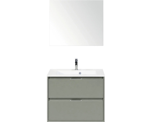 Badkamermeubelset bestaande uit een witte wastafel, een grijs wastafelmeubel met twee laden, een chromen kraan en een rechthoekige spiegel.