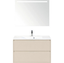 Badkamermeubelset bestaande uit beige wastafelonderkast met twee laden, witte wastafel en spiegel met ledverlichting.