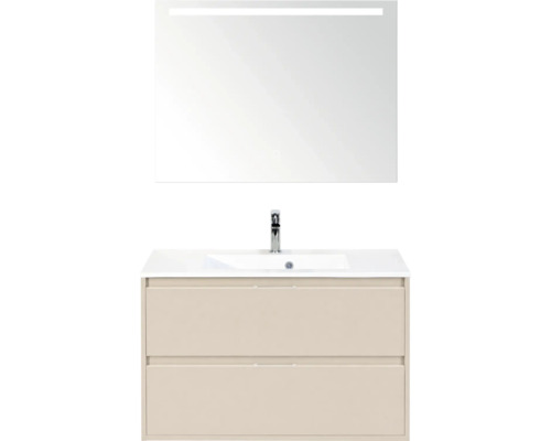 Badkamermeubelset bestaande uit beige wastafelonderkast met twee laden, witte wastafel en spiegel met ledverlichting.