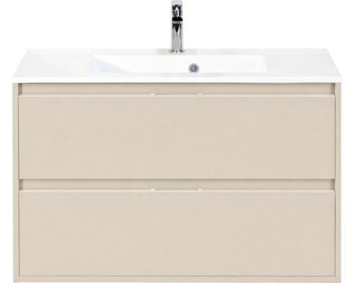 Beige wastafelmeubel met twee laden, witte wastafel en verchroomde kraan.