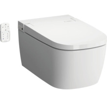 Wandhangend douche-toilet in wit inclusief afstandsbediening met diverse instellingsfuncties voor reiniging.