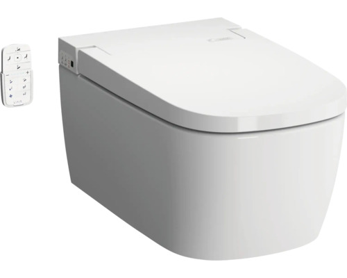 Wandhangend douche-toilet in wit inclusief afstandsbediening met diverse instellingsfuncties voor reiniging.