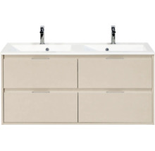 Beige dubbel wastafelmeubel met vier lades en twee kranen in modern design.