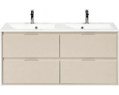 Beige dubbel wastafelmeubel met vier lades en twee kranen in modern design.
