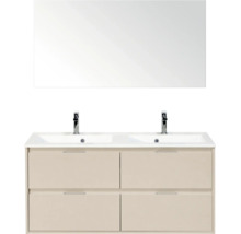 Moderne badmeubelset bestaande uit een beige onderkast met vier laden, een witte dubbele wastafel, twee kranen en een spiegel.