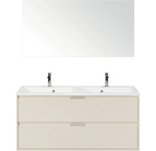 Badkamermeubelset in beige met witte dubbele wastafel, onderkast met twee laden en spiegel.