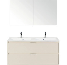 Badkamermeubelset bestaande uit een dubbele wastafel, beige onderkast met twee lades en een spiegelkast.