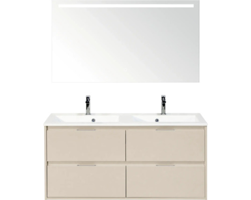Dubbele wastafel met twee wasbakken, vier laden in beige en een grote spiegel met geïntegreerde ledverlichting.