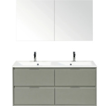 Moderne badkamermeubelset met dubbele wastafel, twee chromen kranen, vier grijsgroene lades en een spiegelkast met twee deuren.