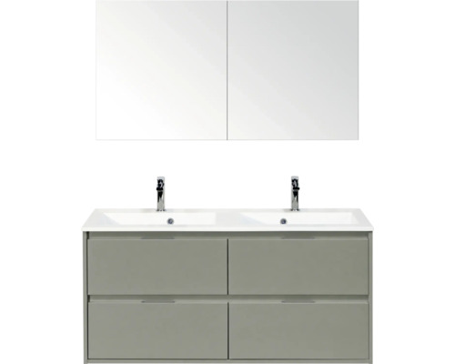 Moderne badkamermeubelset met dubbele wastafel, twee chromen kranen, vier grijsgroene lades en een spiegelkast met twee deuren.