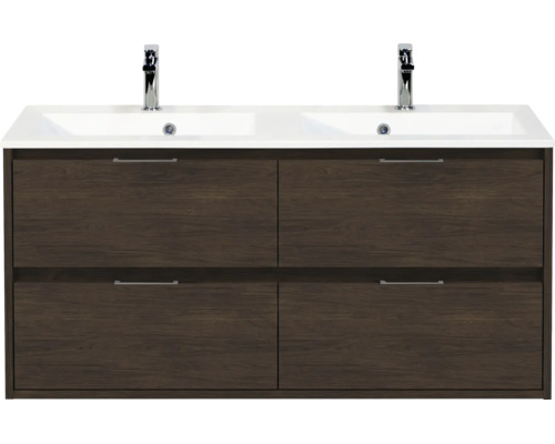 Dubbele wastafel met wit dubbel wasbekken, twee kranen en onderkast met vier laden in donker houtdecor.