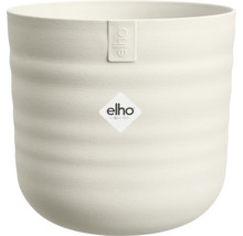 Crèmewitte ronde kunststof bloempot van Elho met een gestructureerd oppervlak en horizontale ribbels.
