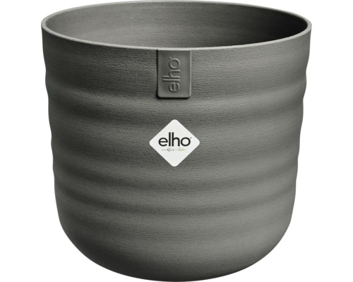 Ronde elho bloempot met een gestructureerd, geribbeld oppervlak en elho Logo.