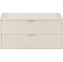 Wastafelonderkast met twee laden en smalle metalen handgrepen in beige.