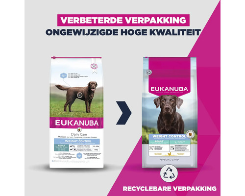Eukanuba hondenvoer Weight Control voor volwassen grote honden in vernieuwde, recyclebare verpakking.