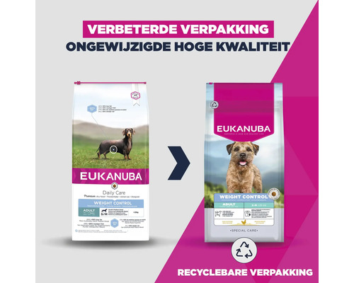 Vergelijking tussen oude en nieuwe verpakking van Eukanuba Weight Control hondenvoer voor kleine en middelgrote rassen. Recyclebare verpakking.