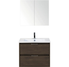 Badkamermeubelset met wastafelmeubel in donker houtdecor, twee lades, witte wastafel, kraan en spiegelkast.
