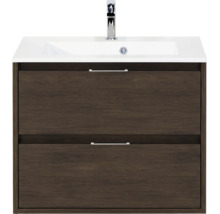 Wastafelonderkast met twee laden in donker houtdecor, inclusief witte wastafel en chromen kraan.