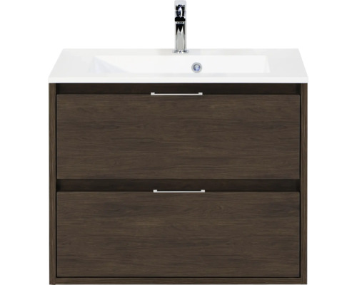 Wastafelonderkast met twee laden in donker houtdecor, inclusief witte wastafel en chromen kraan.
