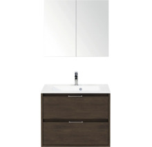 Badkamermeubelset bestaande uit een spiegelkast met twee deuren, een wastafel met kraan en een onderkast in donker houtdecor met twee laden.