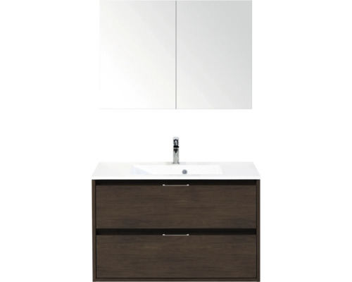 Badkamermeubelset met een wastafelonderkast in donker houtlook met twee laden, witte wastafel met kraan en een spiegelkast.