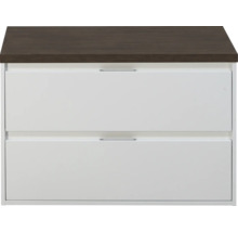 Witte badkameronderkast met twee lades en een donkerbruin bovenblad in houtlook.