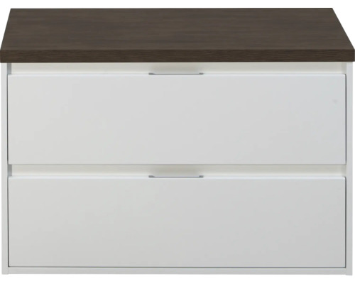 Witte badkameronderkast met twee lades en een donkerbruin bovenblad in houtlook.