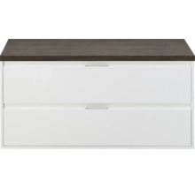 Wastafelonderkast met twee laden, wit front en donker wastafelblad in houtlook.