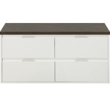 Wit badkamermeubel met vier laden en een bovenblad in donker houtdecor.