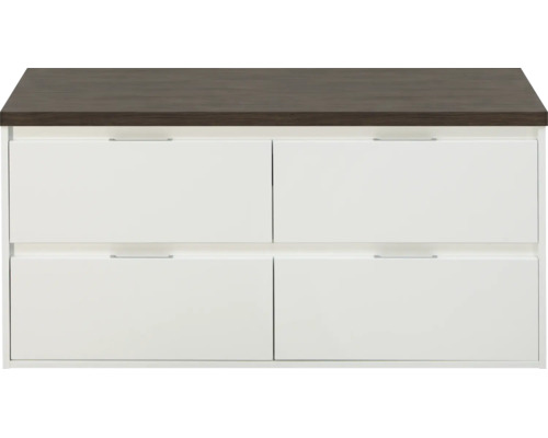 Wit badkamermeubel met vier laden en een bovenblad in donker houtdecor.