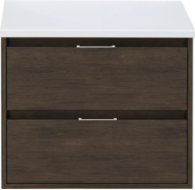 Wastafelonderkast met twee laden in donker houtdecor en wit blad, metalen handgrepen.