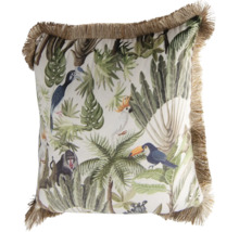 Vierkant sierkussen met jungle-print, toekan, aap, kaketoe en franjes aan de randen.