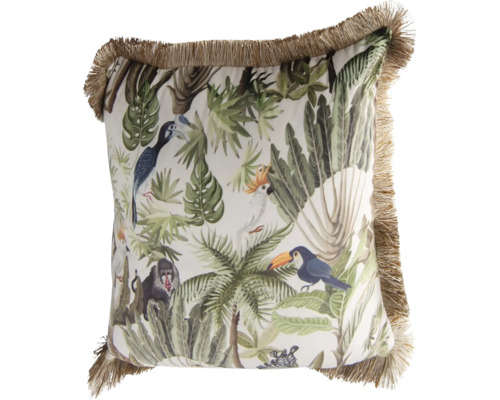 Vierkant sierkussen met jungle-print, toekan, aap, kaketoe en franjes aan de randen.