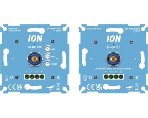 ION Master-Slave LED Dimmer Set voor 220 tot 240 Volt wisselstroom, 1 tot 200 Voltampere, CE-markering en ION Logo.