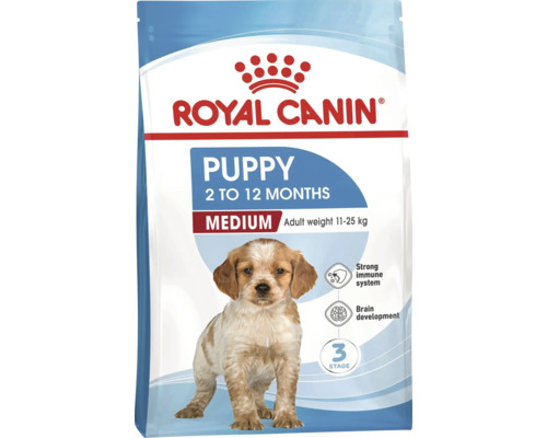 Royal Canin hondenvoer Puppy Medium voor puppy's van 2 tot 12 maanden, voor een volwassen gewicht van 11 tot 25 kilogram.