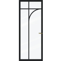 Glazen binnendeur met zwart frame, ruitverdeling met boog en goudkleurige kruk.