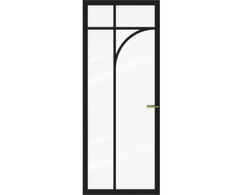 Glazen binnendeur met zwart frame, ruitverdeling met boog en goudkleurige kruk.
