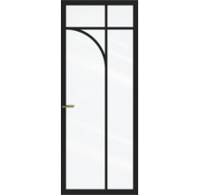 Moderne glazen deur met zwart frame, roeden met boog en goudkleurige klink.