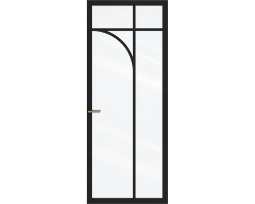 Moderne glazen deur met zwart frame, roeden met boog en goudkleurige klink.