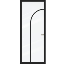 Moderne glazen deur met zwart frame en boogvormig ontwerp, voorzien van een messingkleurige deurkruk.