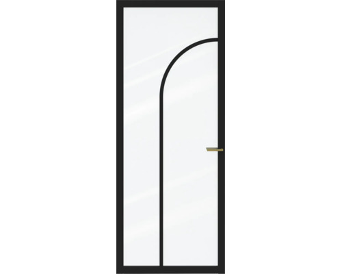Moderne glazen deur met zwart frame en boogvormig ontwerp, voorzien van een messingkleurige deurkruk.