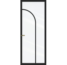 Glazen deur met zwart frame, gebogen designelement en goudkleurige deurkruk.