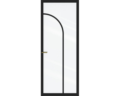 Glazen deur met zwart frame, gebogen designelement en goudkleurige deurkruk.