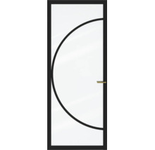 Glazen binnendeur met zwart frame, boogvormig ontwerp en goudkleurige handgreep.