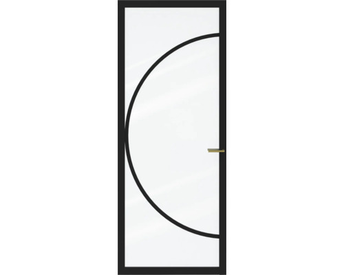 Glazen binnendeur met zwart frame, boogvormig ontwerp en goudkleurige handgreep.