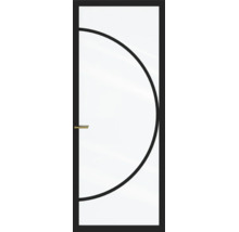 Glazen deur met zwart frame, halfrond designelement en goudkleurige handgreep.