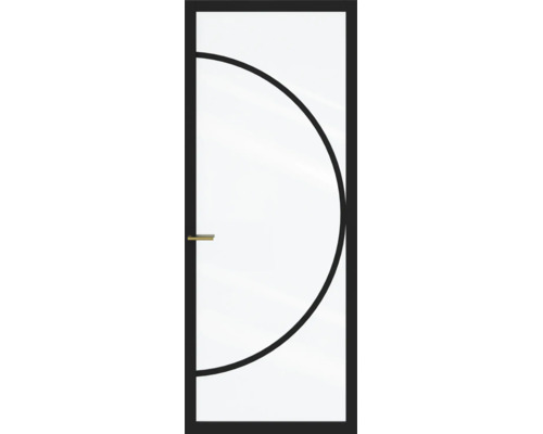 Glazen deur met zwart frame, halfrond designelement en goudkleurige handgreep.