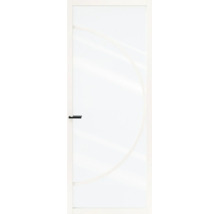 Glazen deur met wit frame, zwarte klink en boogvormig ontwerp.