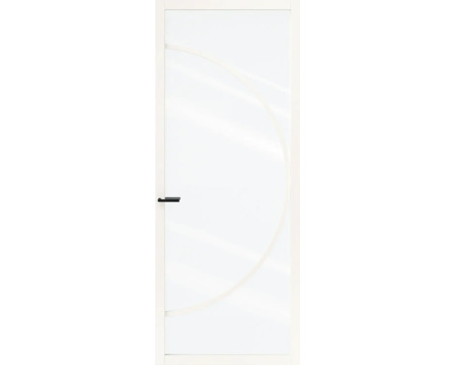 Glazen deur met wit frame, zwarte klink en boogvormig ontwerp.